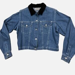 Vintage 90s Cropped Denim Shirt Jacket Black Velvet Collar Womens L Trucker -